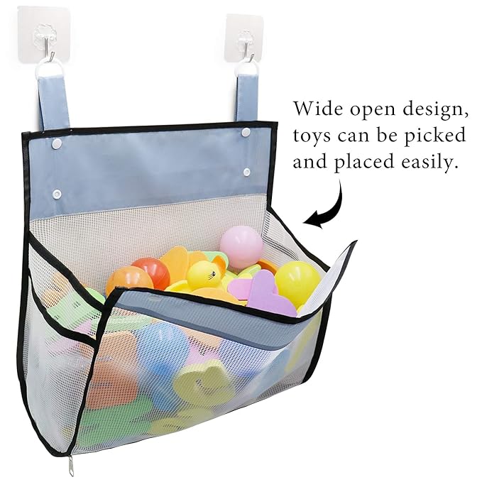 Bath toy organizer with toys neatly stored in bathroom setting