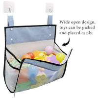 Bath toy organizer with toys neatly stored in bathroom setting