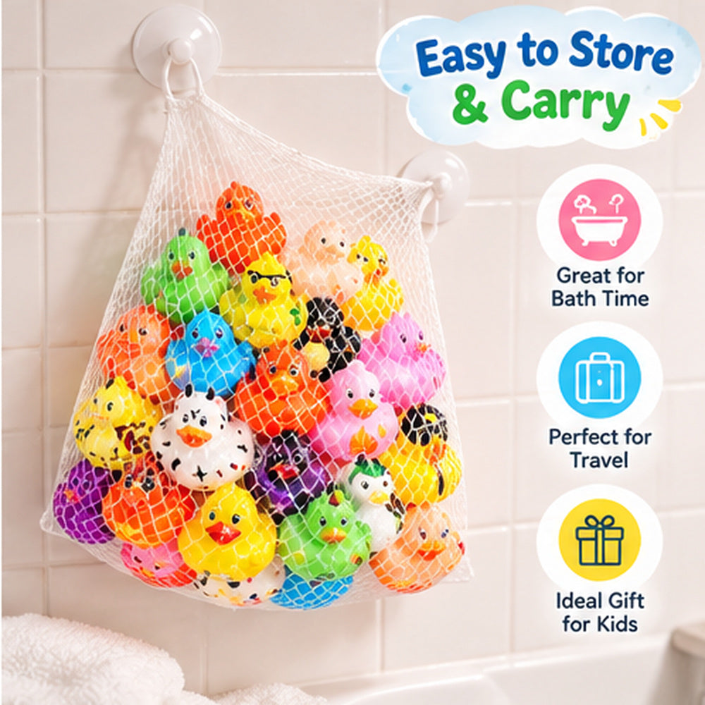 Assorted colourful duck toys arranged in shallow bathwater for a supervised play activity.