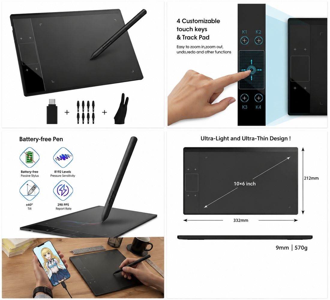 Battery-free stylus pen used on drawing tablet surface
