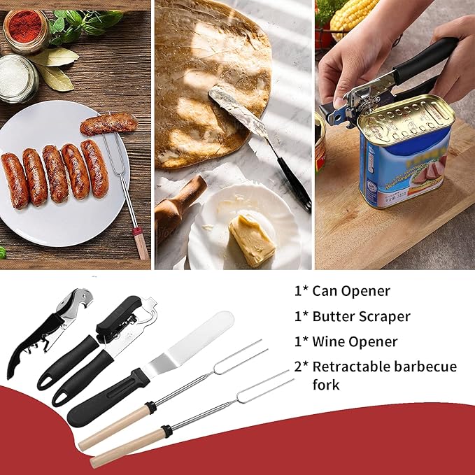 BBQ camping utensil kit with grilling tools, measuring spoons, and more for outdoor cooking