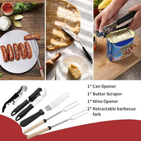 BBQ camping utensil kit with grilling tools, measuring spoons, and more for outdoor cooking