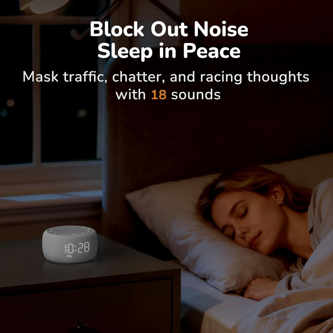 Bedside alarm clock with built-in ambient sound options