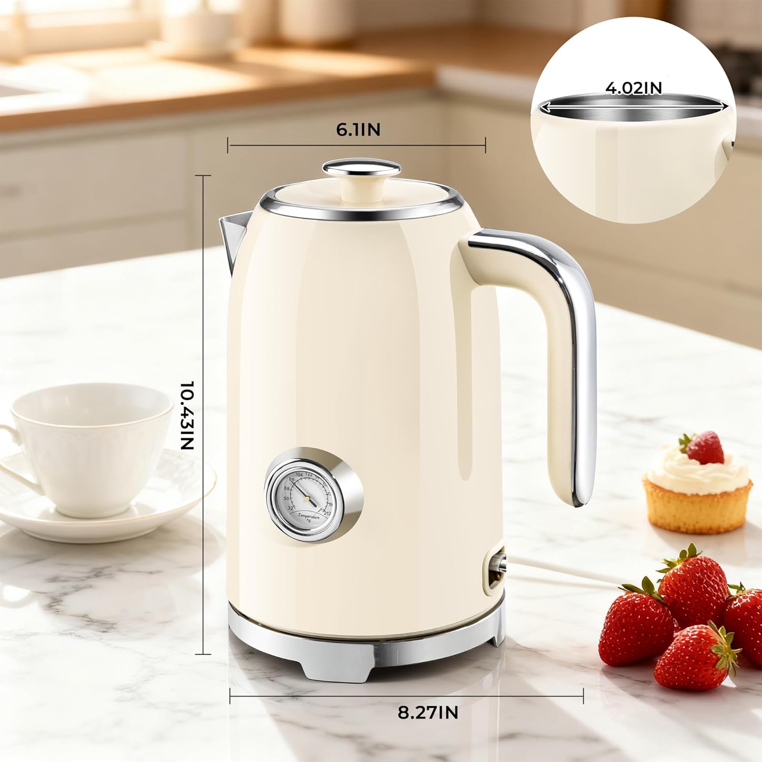 Beige cordless electric kettle pouring hot water into a tea cup