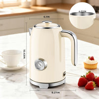 Beige cordless electric kettle pouring hot water into a tea cup