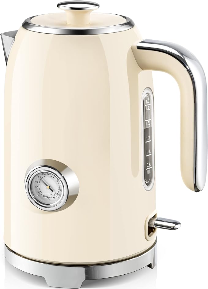 Beige electric kettle with built-in thermometer and stainless steel pot