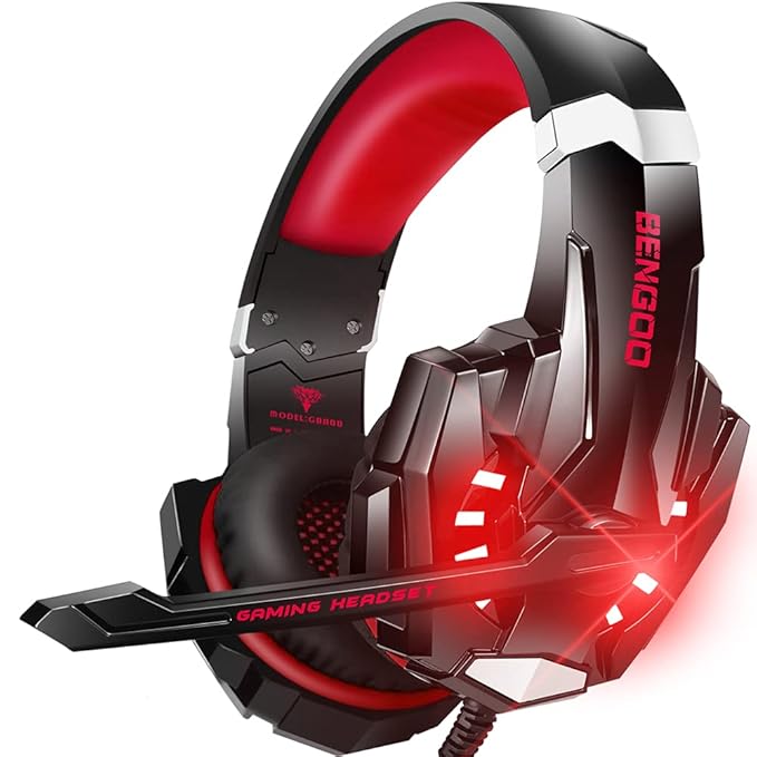 BENGOO stereo pro gaming headset front view with microphone and LED lights
