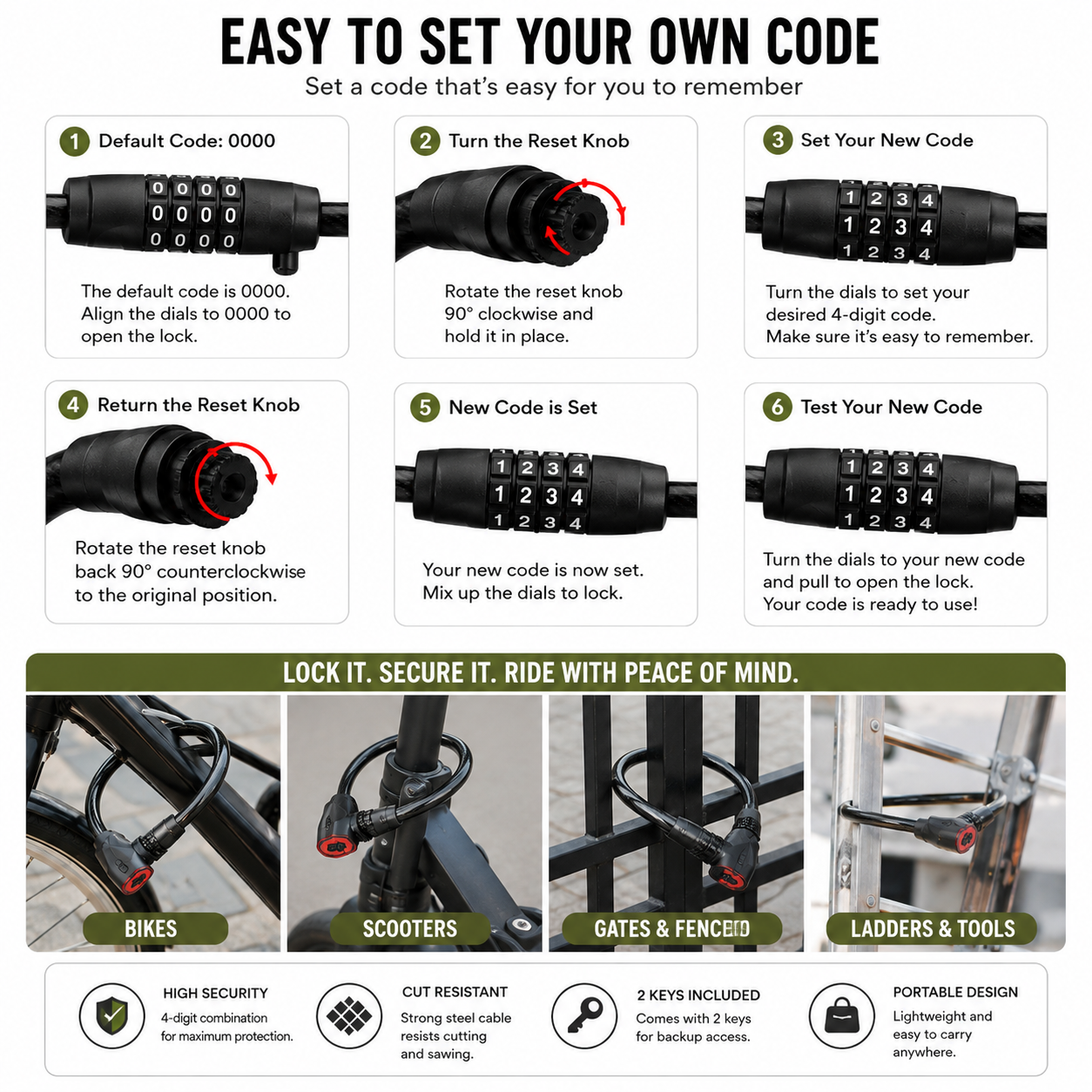 Portable bicycle cable lock with keyless combination design