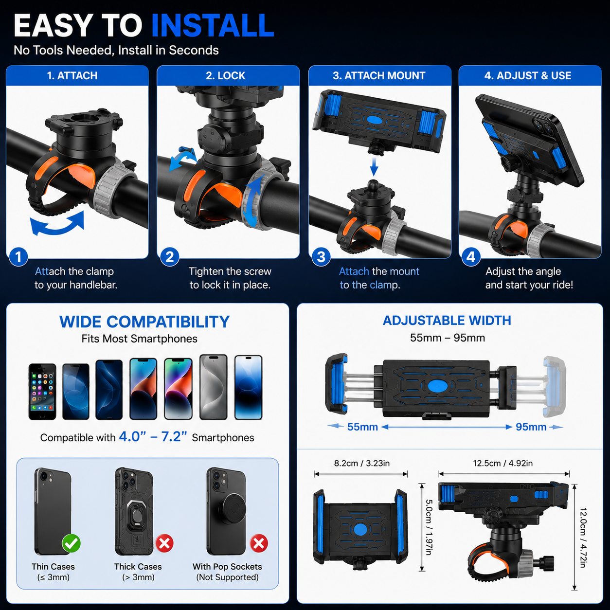 Bicycle mobile phone holder with handlebar mounting design
