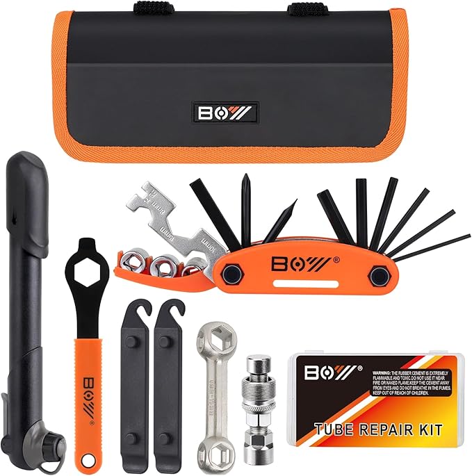 Bicycle repair kit with mini tire pump and tools for emergency cycling repairs