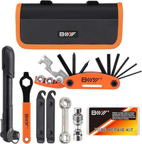Bicycle repair kit with mini tire pump and tools for emergency cycling repairs