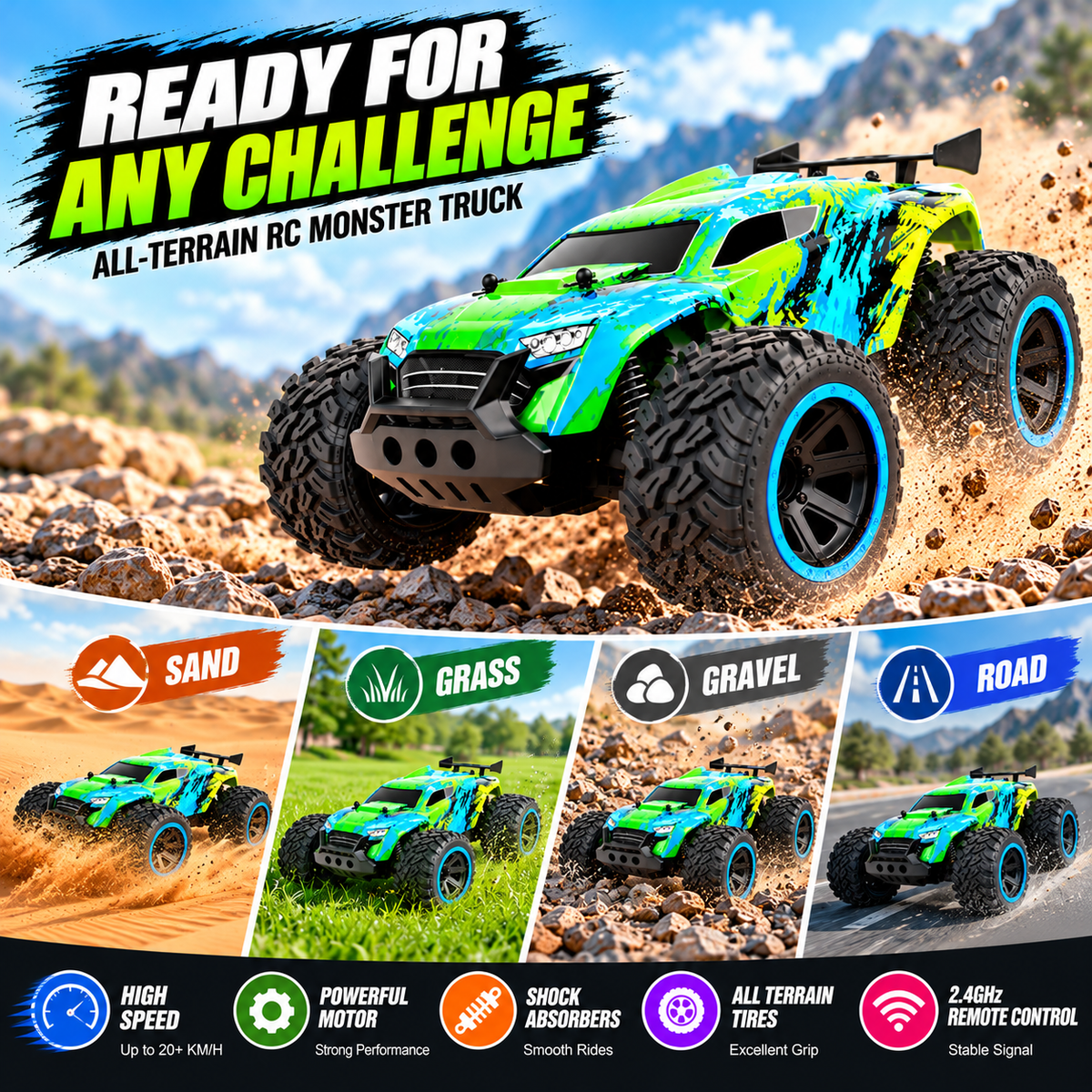 Big-wheel RC climbing car toy positioned on a suitable outdoor driving surface.