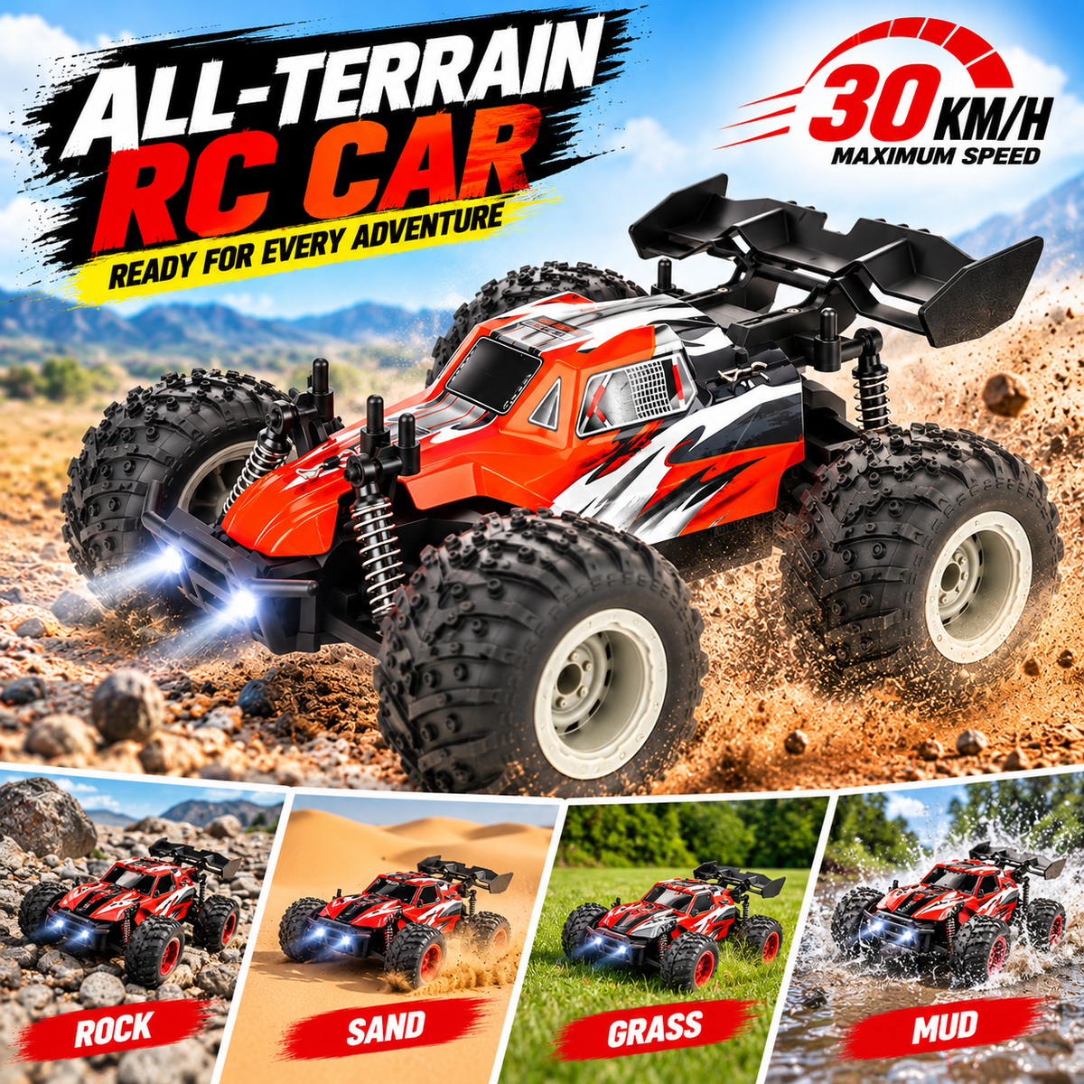 Big-wheel RC truck with built-in lights and off-road tires.