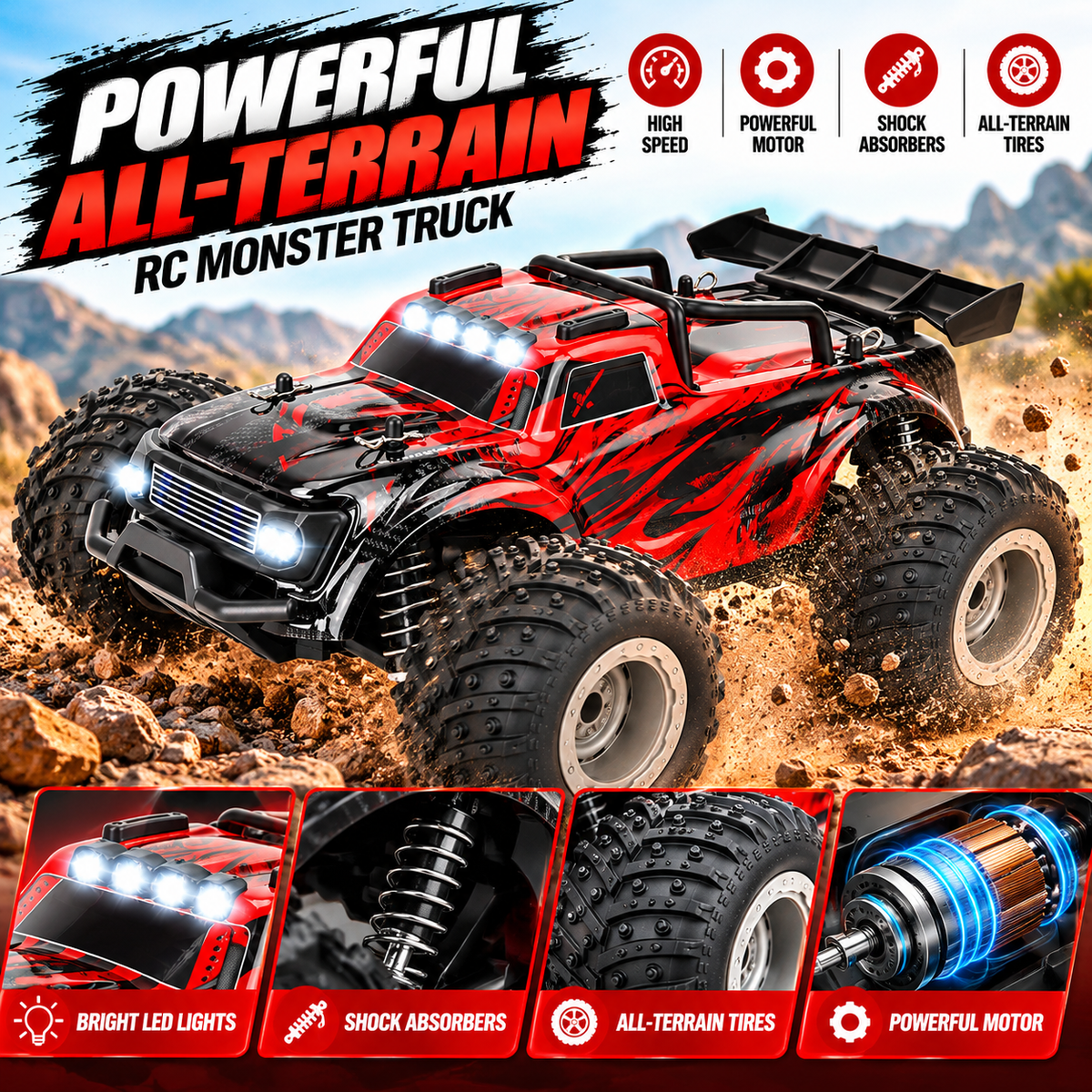 Big wheel remote control car with a monster truck-inspired vehicle body.