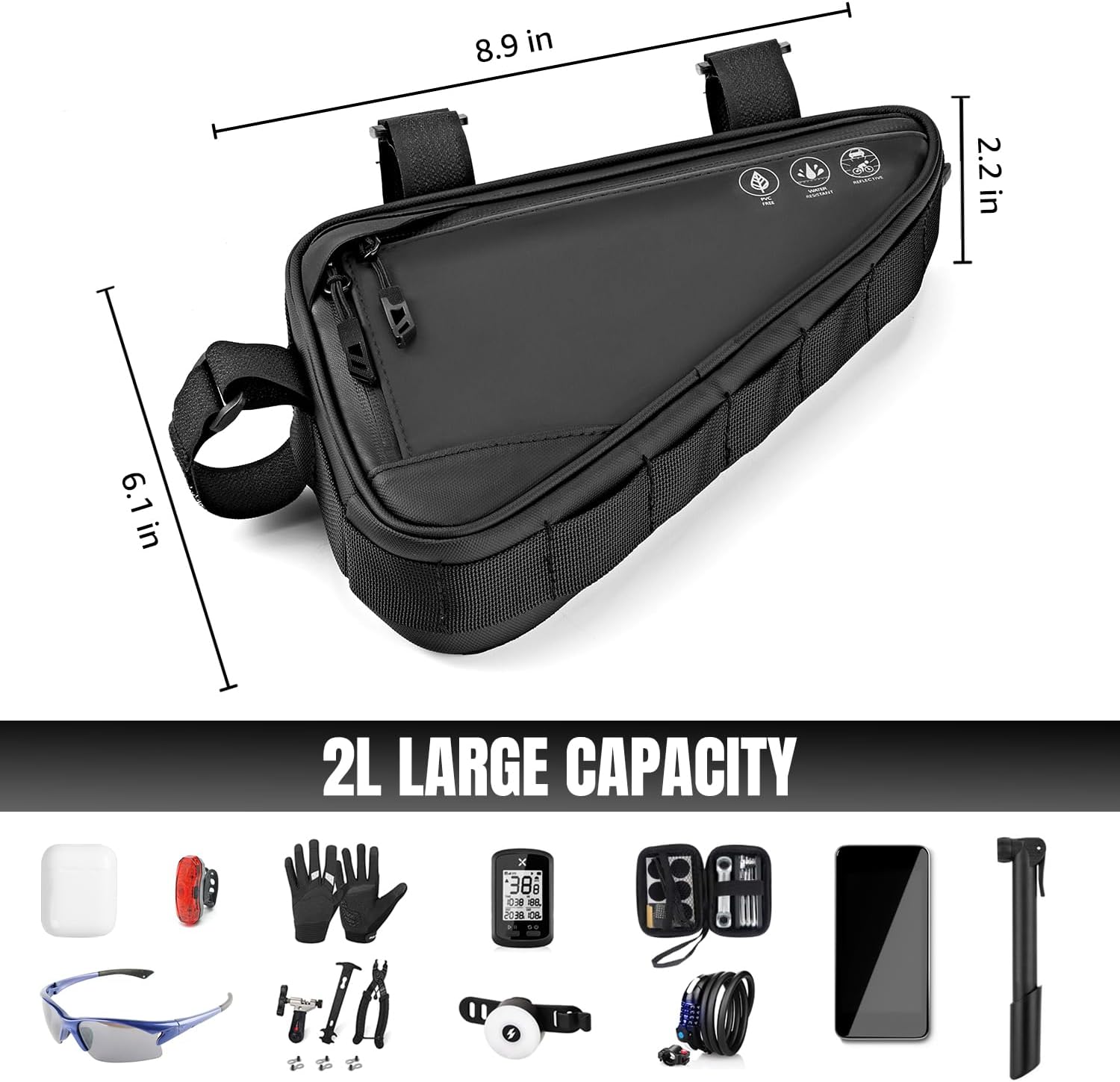 Bicycle storage bag with two side pockets for organized storage