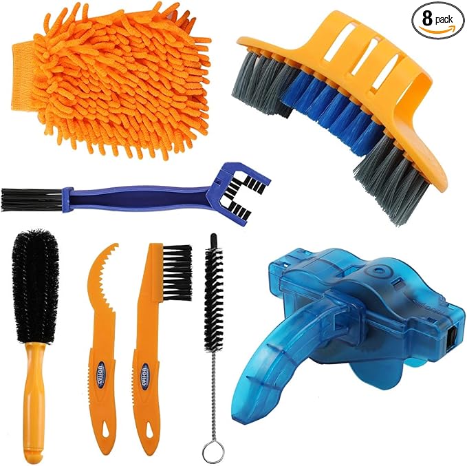 8-Piece Bicycle Cleaning Brush Tool Set Including Chain Scrubber, Suitable for All Bike Types