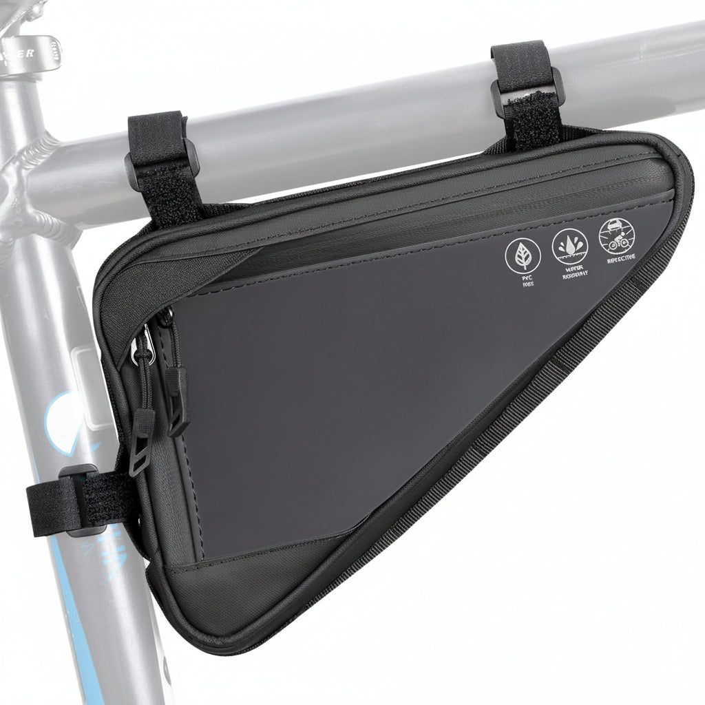 Water-resistant bike frame storage bag with reflective design