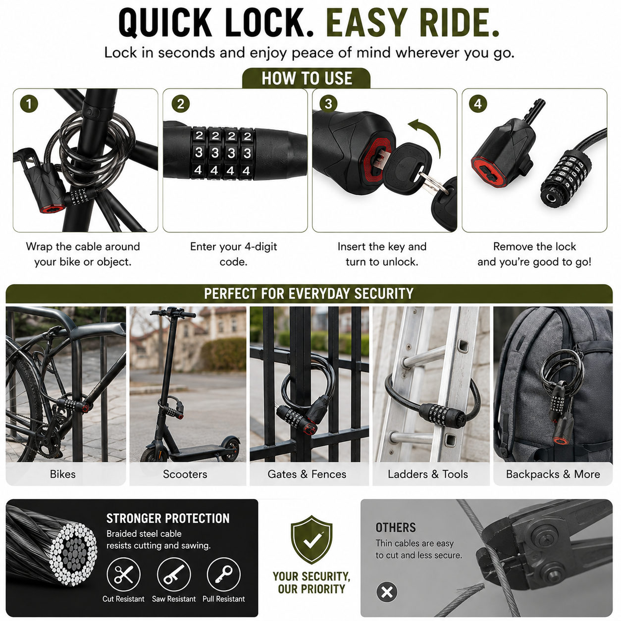 Bike lock with detachable rear tail light for cycling