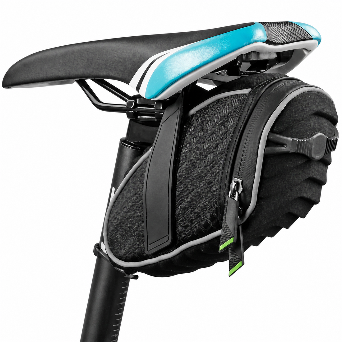 Bike seat bag with hard shell design mounted under bicycle saddle
