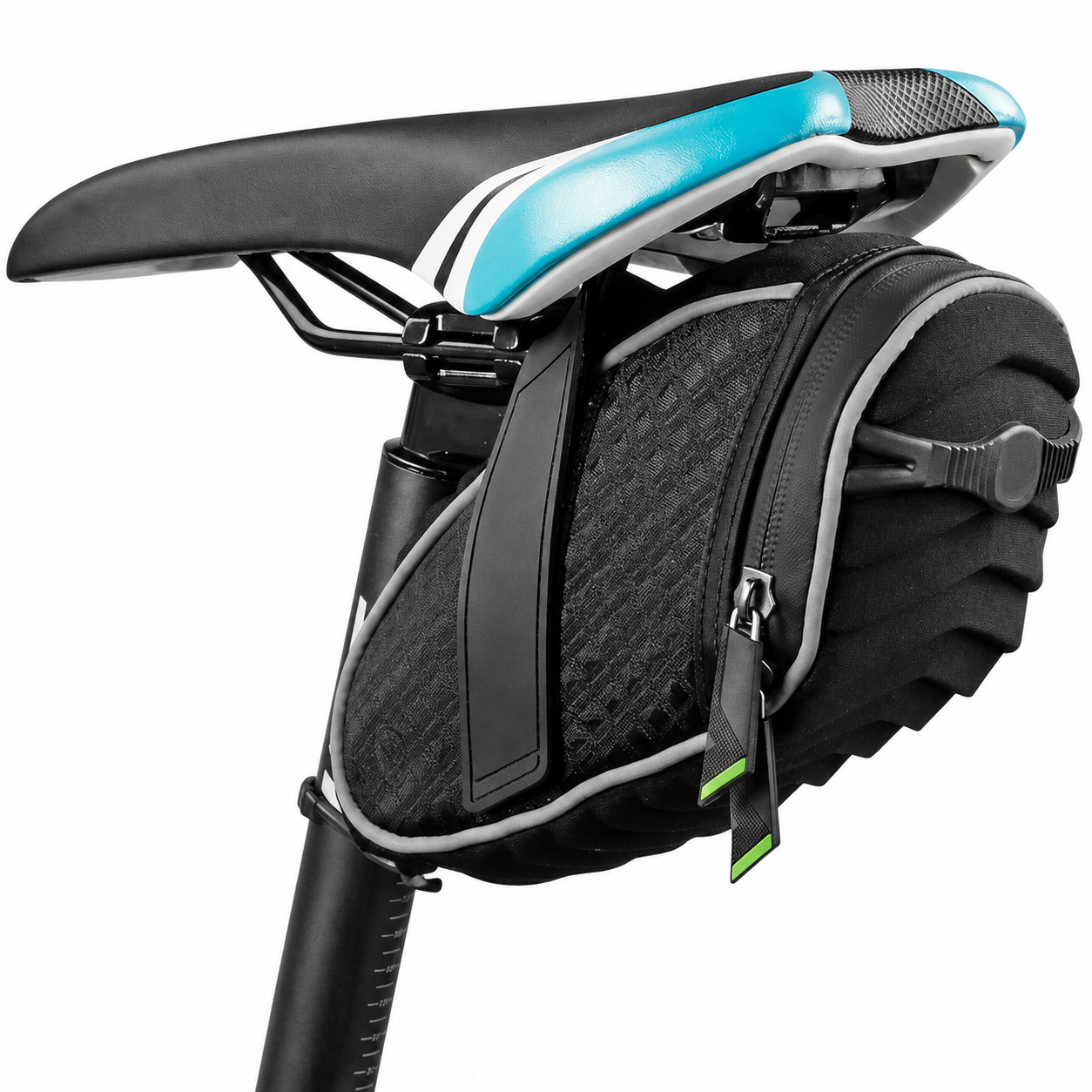 Bike seat bag with hard shell design mounted under bicycle saddle