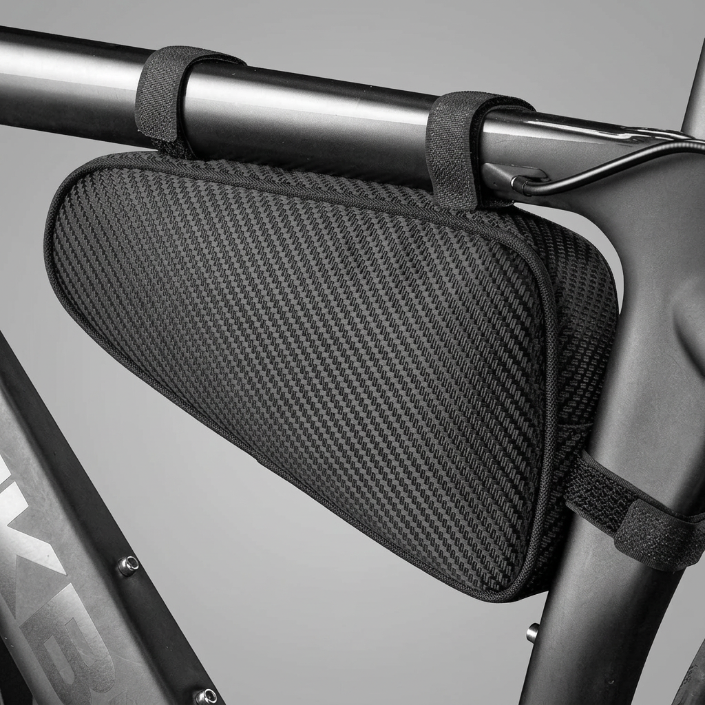 Bike triangle frame bag front view for carrying tools and accessories