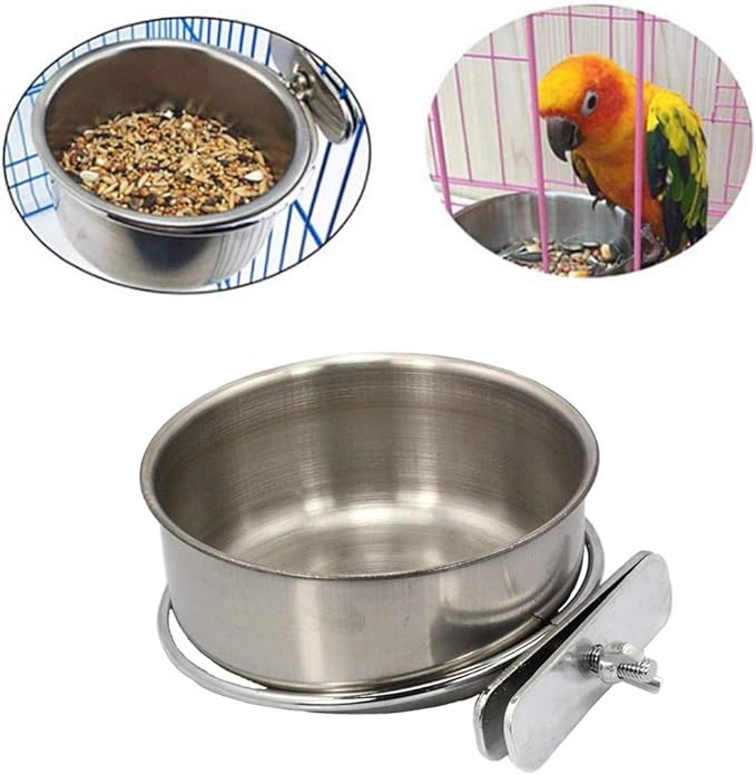 Bird Cage Bowl with Holder Stainless Steel Clamp Feeding Cup