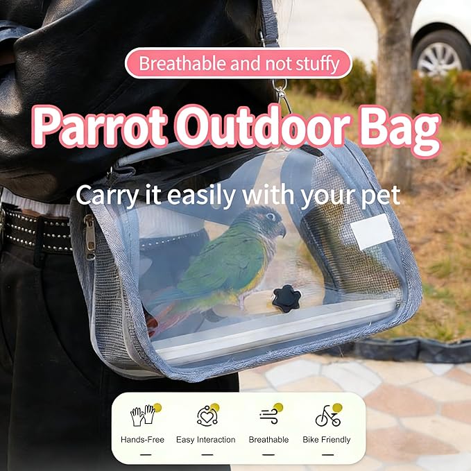 Bird carrier backpack suitable for parrots, cockatiels, budgies, and small birds during travel use.