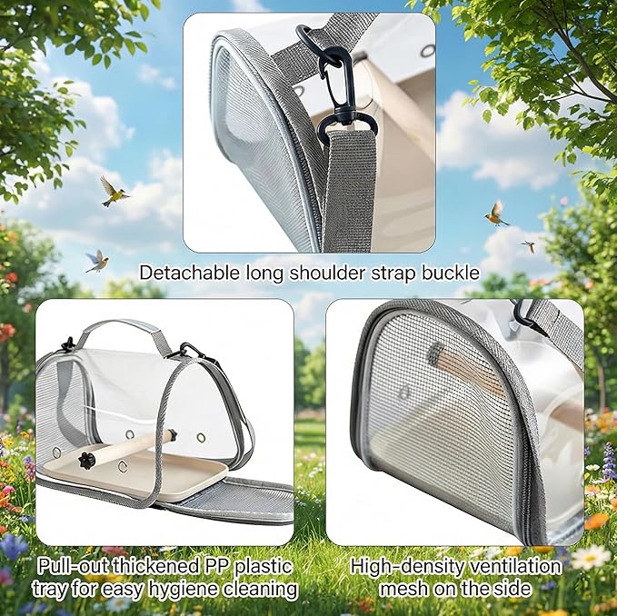 Bird carrier backpack with mesh front, suitable for parrots, cockatiels, budgies, and small birds during travel use.