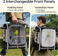 Bird carrier backpack suitable for cockatiels, parrots, and small birds during travel use.