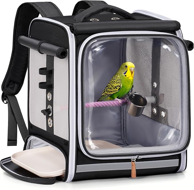 Bird carrier backpack with tray and perch for parrots, cockatiels, and small birdsperch
