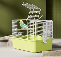 Bird carrier cage with tray and perch for supervised travel use.
