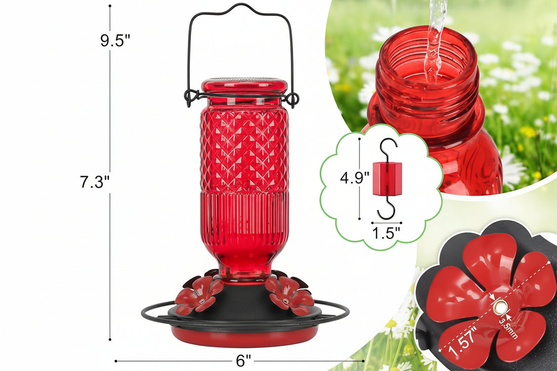 Red glass bird feeder for outdoor use