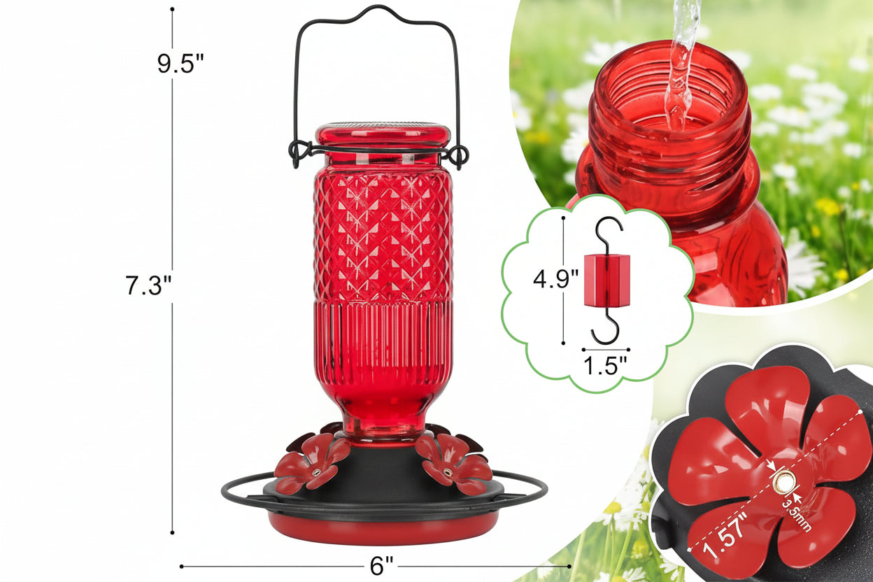 Red glass bird feeder for outdoor use