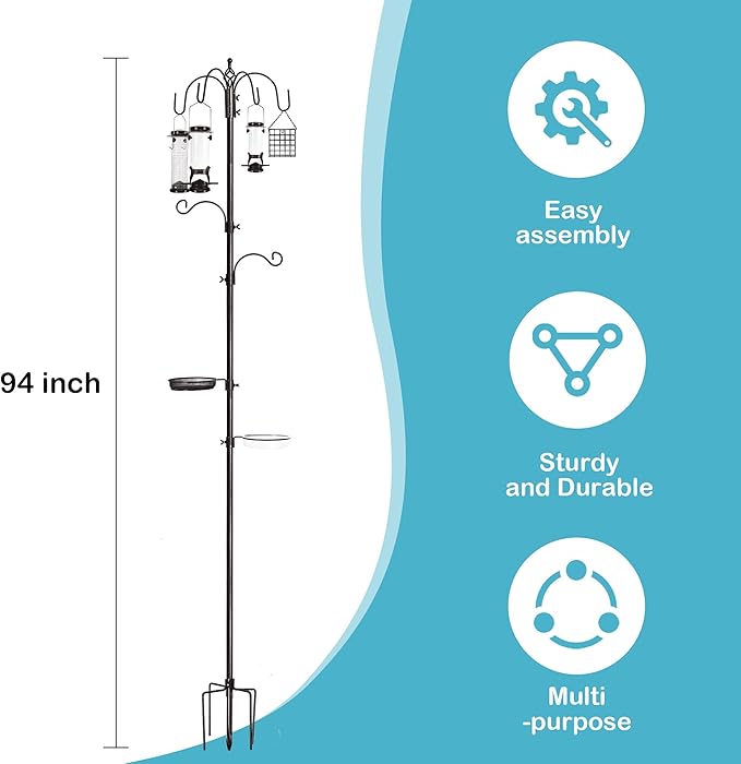 Bird feeder pole with 94 inch height and multiple hooks