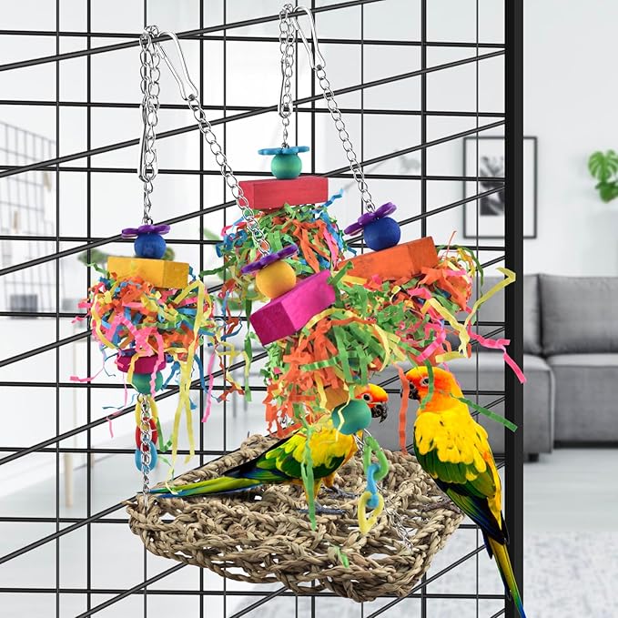 Bird Grass Swing Mat Parrot Climbing Hammock with Colorful Toys