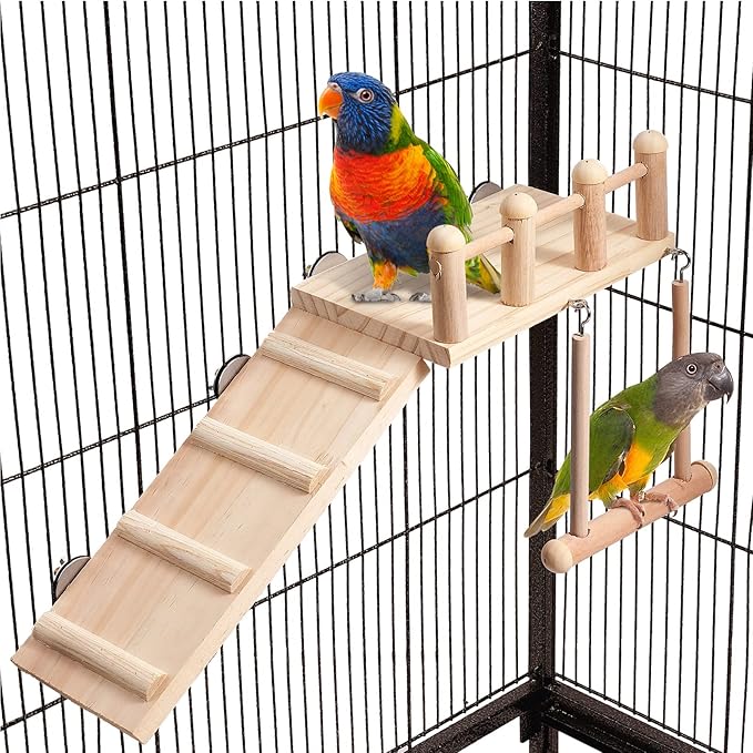 Bird Perches Platform Swing with Climbing Ladder – Wooden Playing Gym for Small Birds