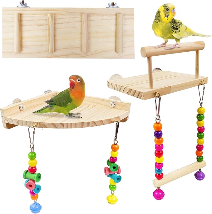 Bird Platform Swing with Climbing Ladder Natural Wooden Cage Toy