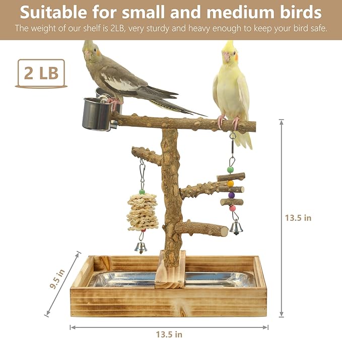 Side view of bird playground stand showing climbing perches and cups