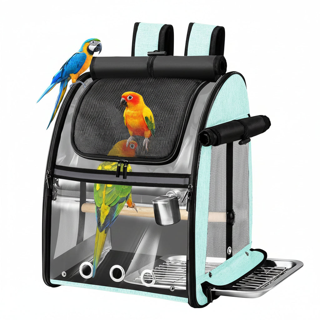 Grey bird travel bag with mesh panels, tray and interior perch