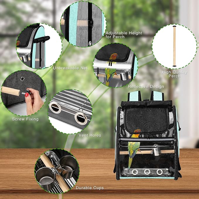 Bird travel bag with carrying handle and fabric frame