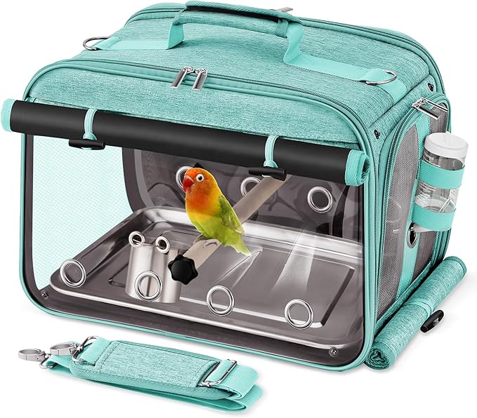 Airline-approved bird travel cage with water bottle and feeding bowl for small birds