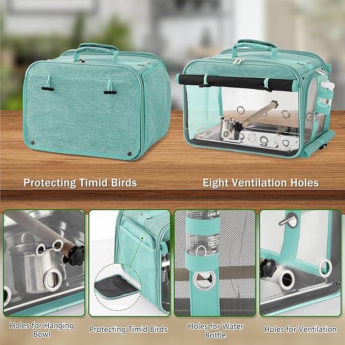 Small bird inside stainless steel mesh carrier ready for travel