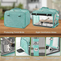 Small bird inside stainless steel mesh carrier ready for travel