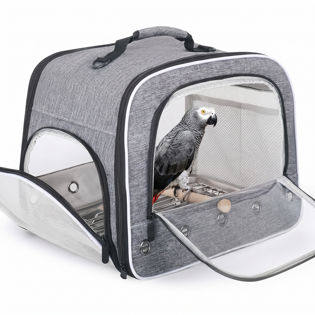 Front view of a ventilated bird travel enclosure