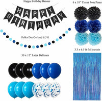 Happy birthday banner with blue black balloons and party decorations