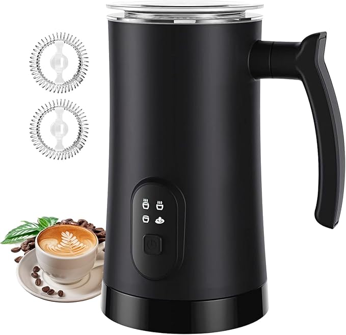 Black 4-in-1 electric milk frother with automatic controls