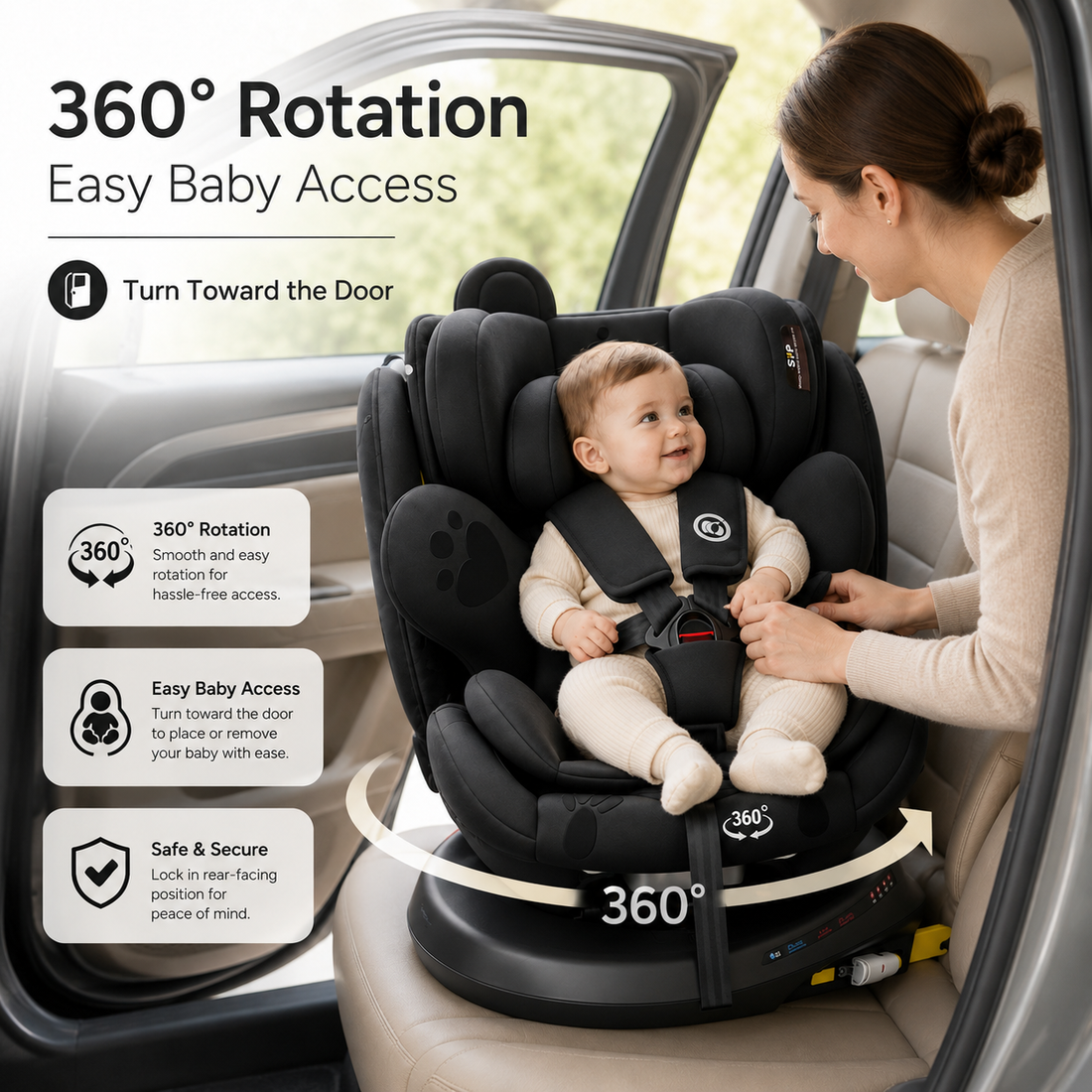 Black baby car seat straight front view with padded seating