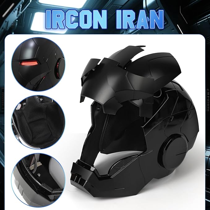 Close-up of black cosplay display helmet with panel design