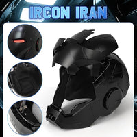 Close-up of black cosplay display helmet with panel design