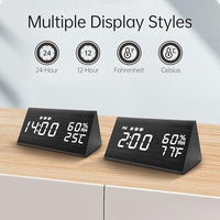 Black desk clock with temperature and humidity display for indoor use
